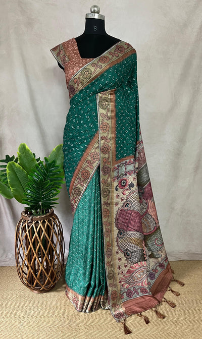 Semi tussar silk bandini and kalamkari print saree, with BP