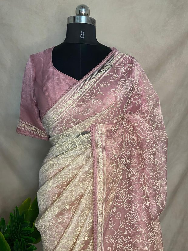 Pink Organza saree with embroidery and stitched blouse