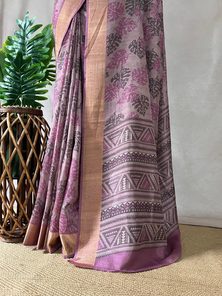 Light pink semi soft tussar silk saree with floral print, with BP