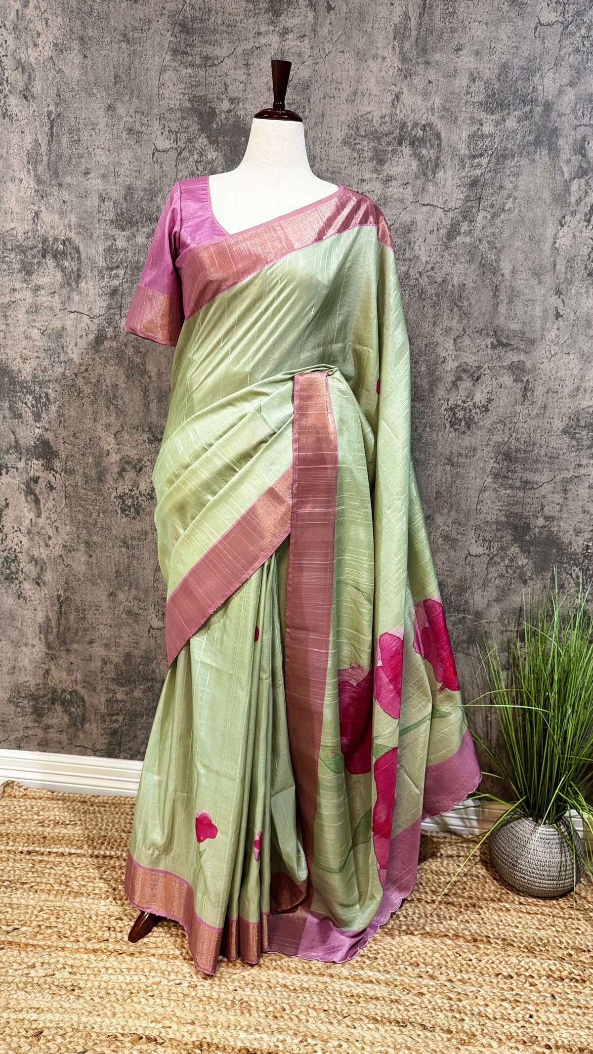 Light pista green semi tussar silk digital print saree with stitched blouse