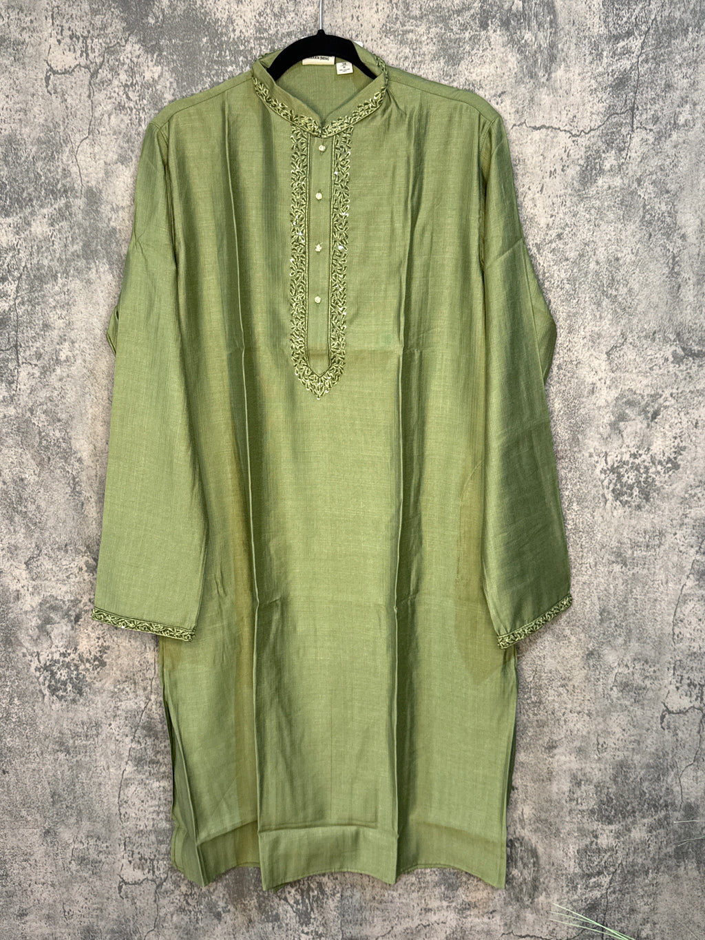 Light olive green soft cotton kurta with hand embroidery