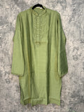 Light olive green soft cotton kurta with hand embroidery