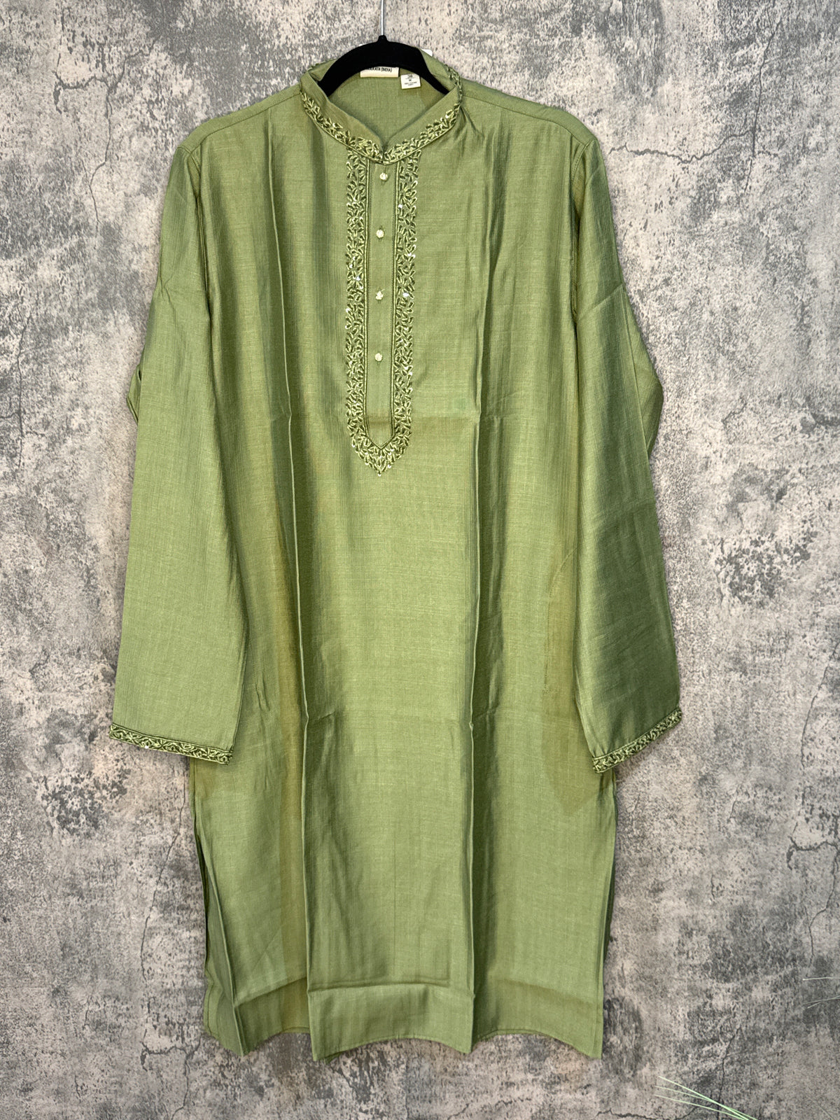 Light olive green soft cotton kurta with hand embroidery