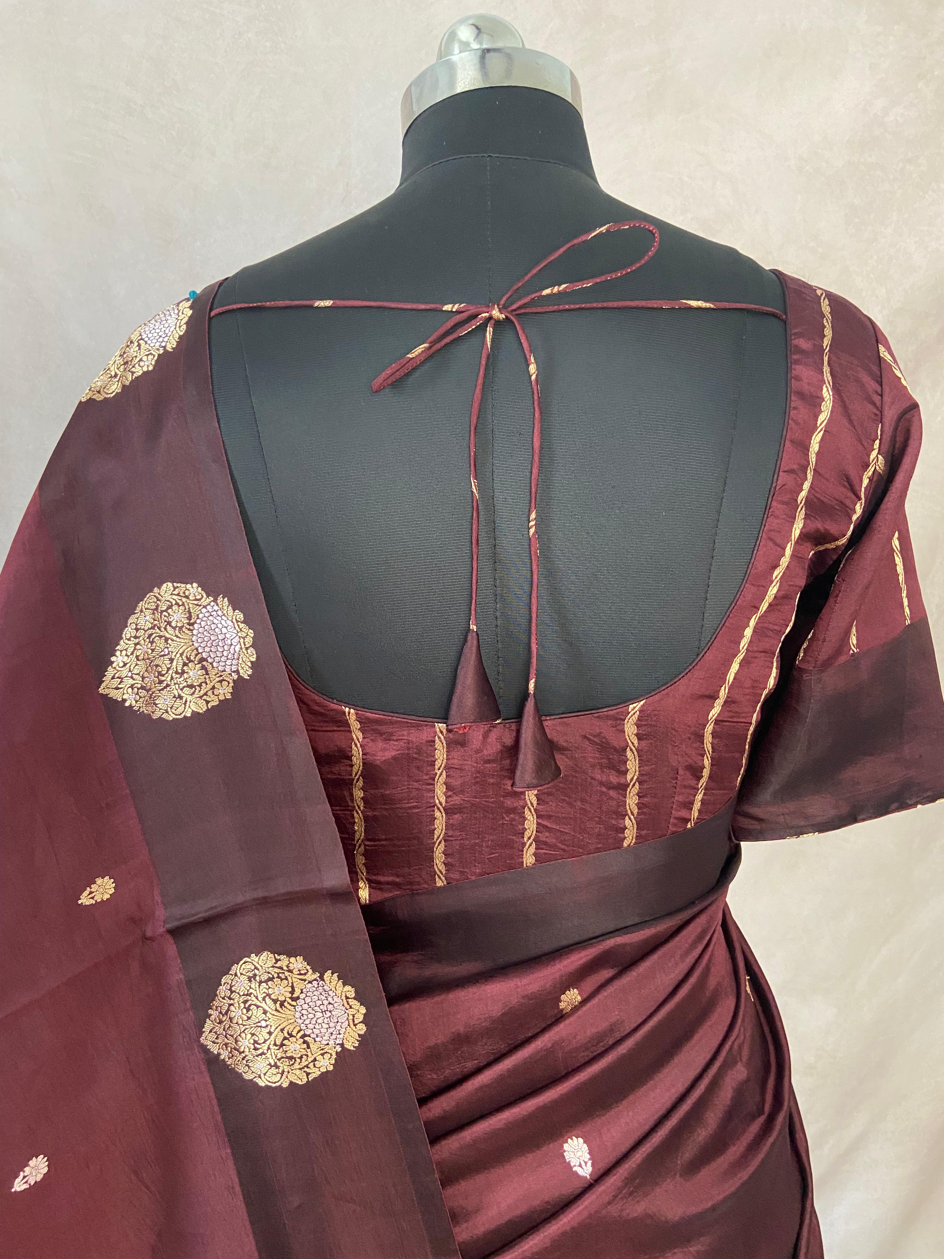 Brown pure raw mango silk saree with stitched blouse