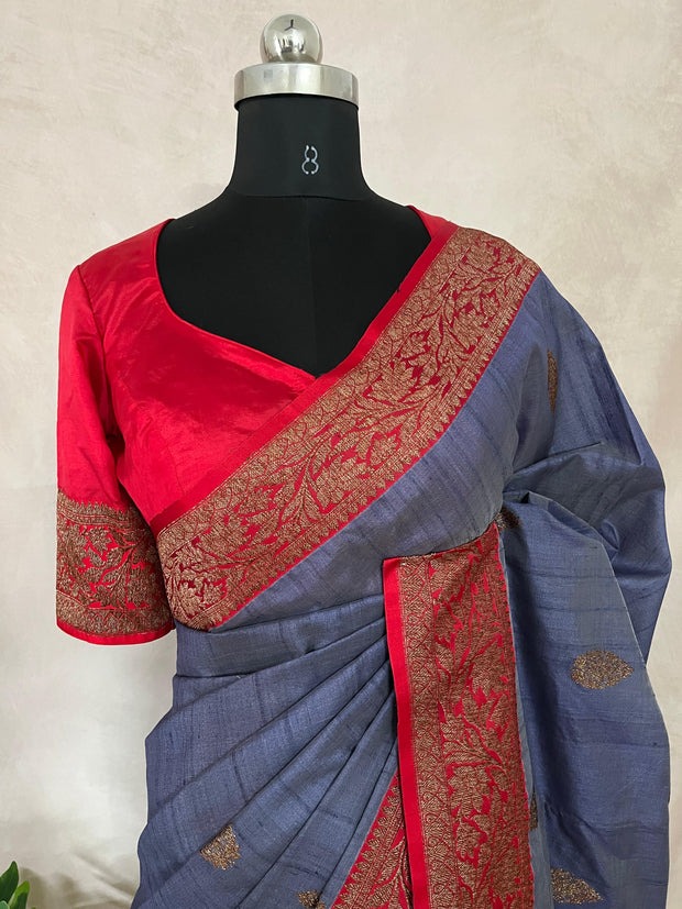 Pure silk Tussar Banarsi saree with stitched blouse