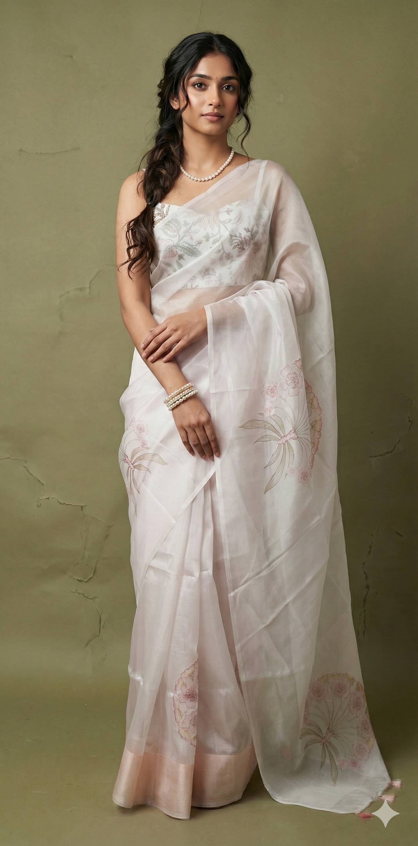 Pastel pink silk organza saree with digital print, with BP