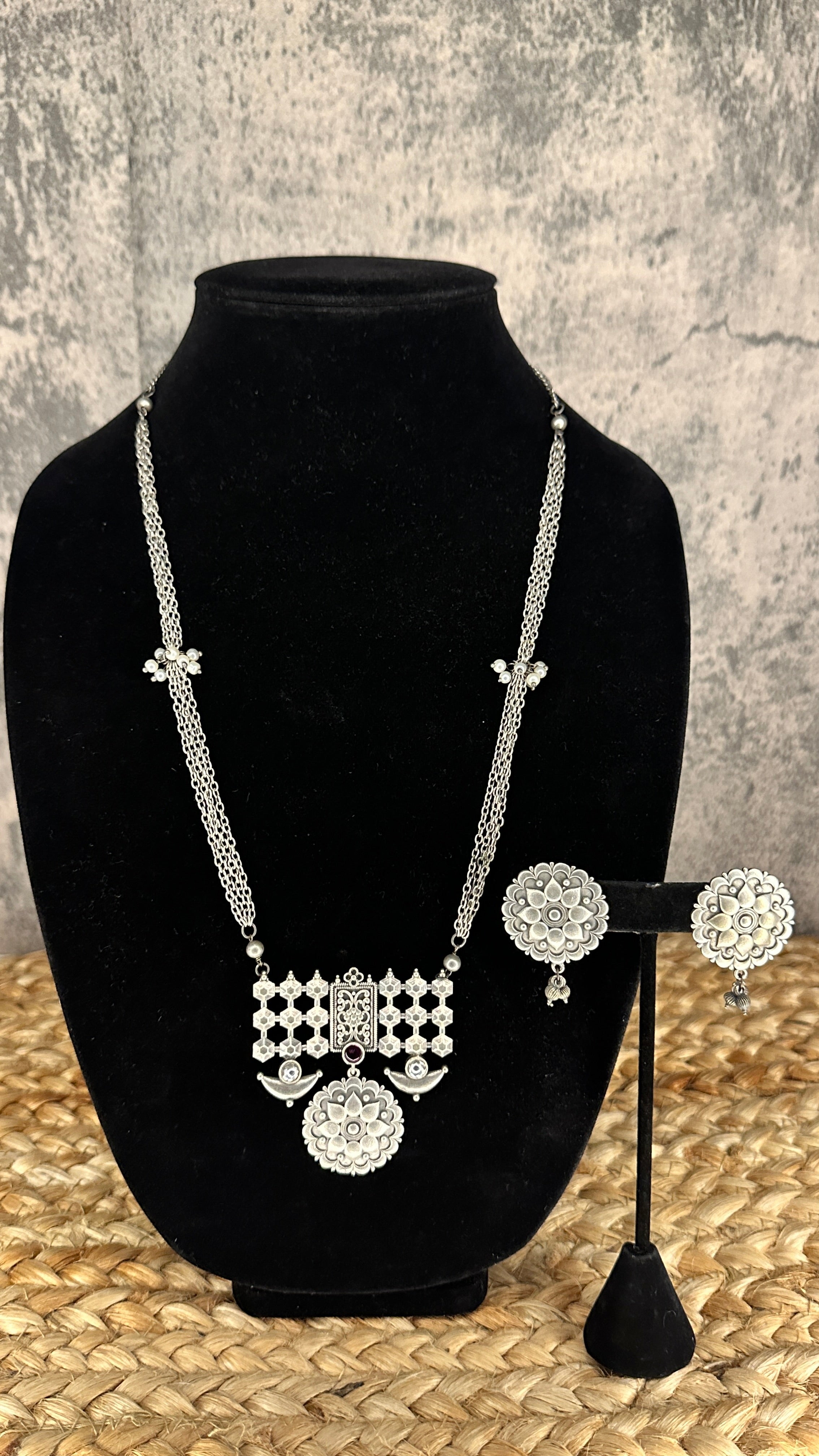 Silver replica necklace and earring - with red stone