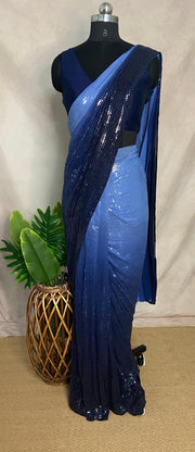 Ombre blue georgette sequins ready to wear saree with atitched blouse