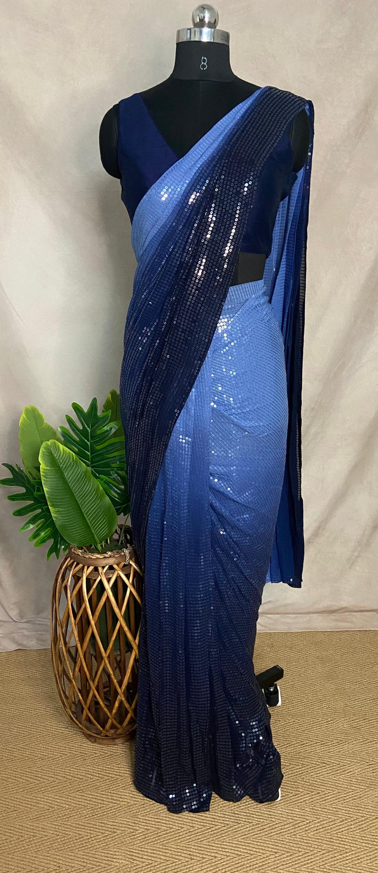 Ombre blue georgette sequins ready to wear saree with atitched blouse