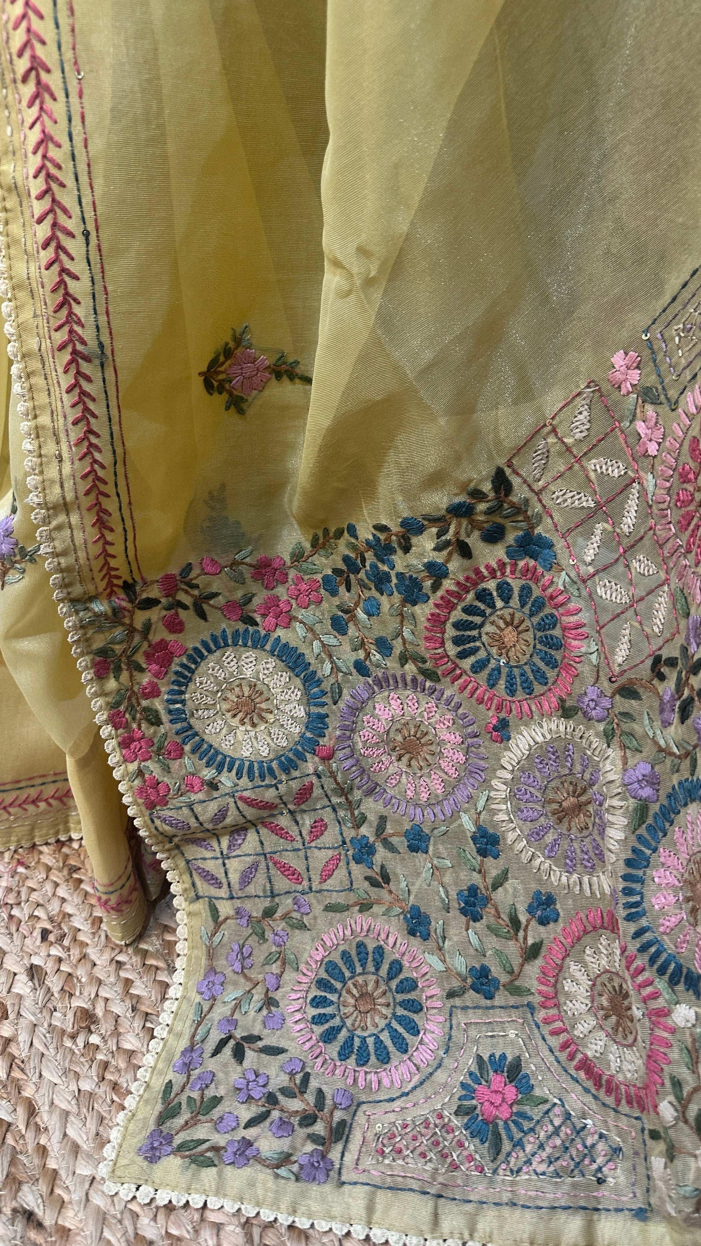 Tissue cotton saree with handwork and stitched blouse