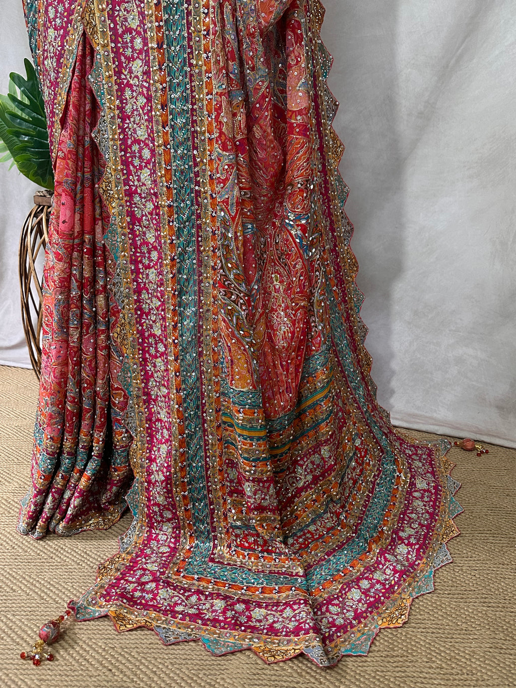 Pink Printed Crepe Designer Saree with Embroidered Readymade Blouse