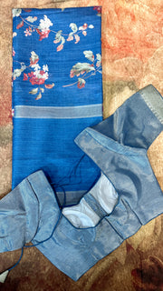 Blue floral printed semi tussar silk saree with stitched blouse