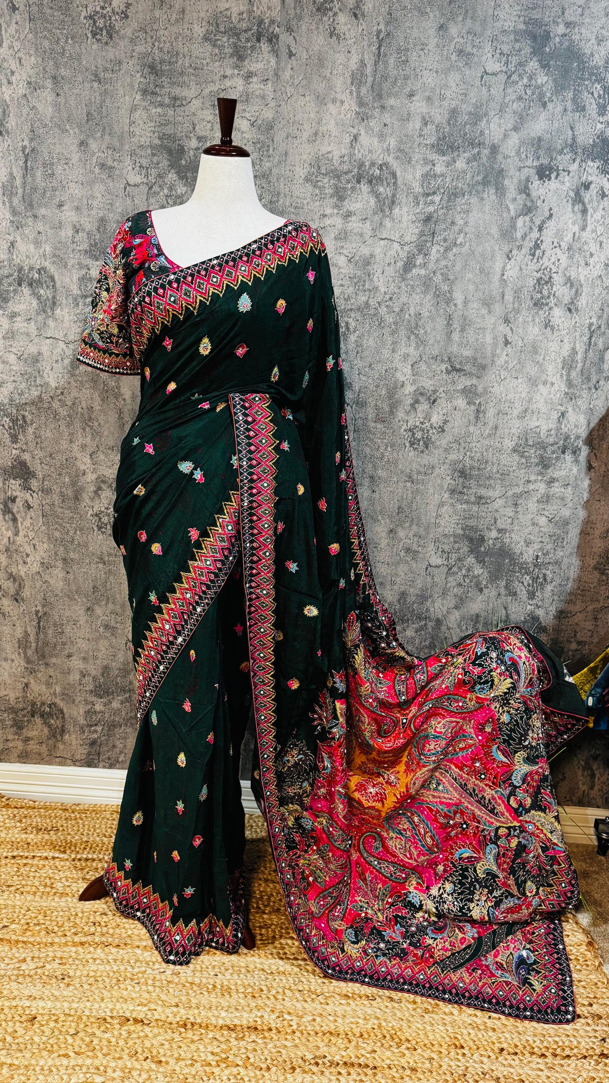 Bottle green crepe silk digital Printed designer saree with ari work and bead work and stitched blouse