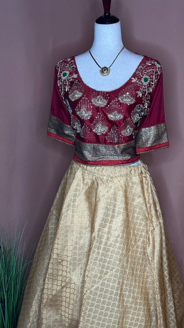 Gold Tissue skirt and maroon crop top