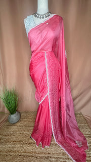 Watermenlon pink georgette organza saree with sequins work, with BP