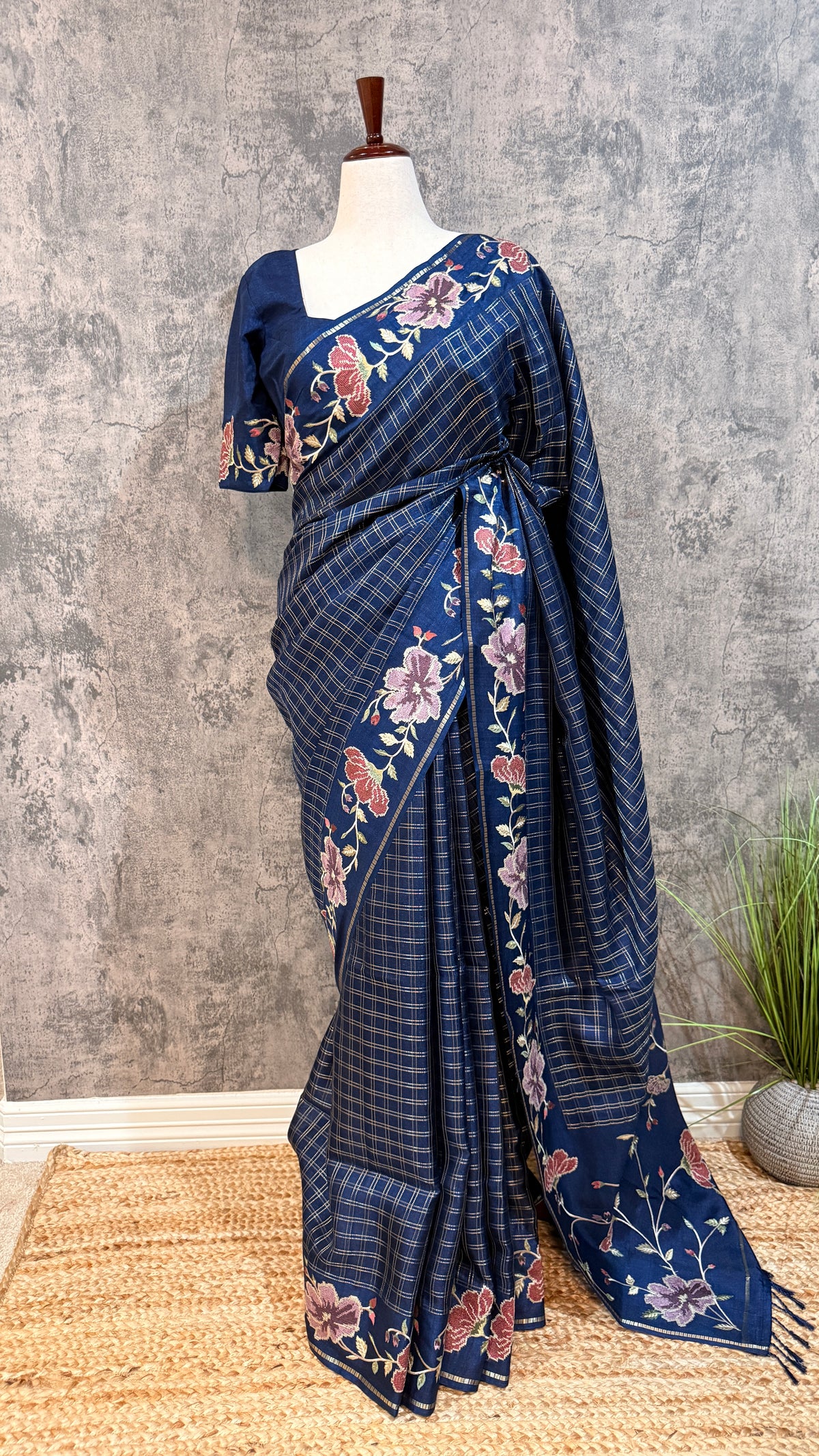 Semi tussar saree with embroidery and stitched blouse