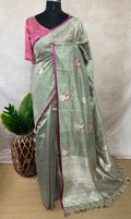 Light green designer raw silk saree with stitched blouse