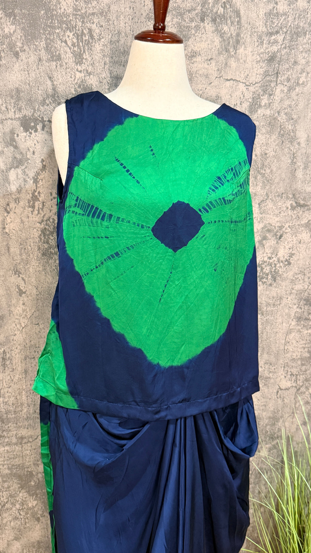 Navy blue modal silk designer top with drape skirt