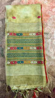 Olive green linen saree with hand embroidery , stitched blouse