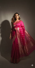Hot pink pure organza silk saree with stitched blouse