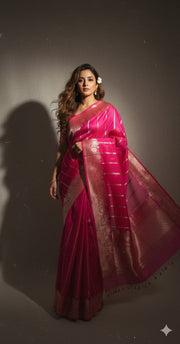 Hot pink pure organza silk saree with stitched blouse