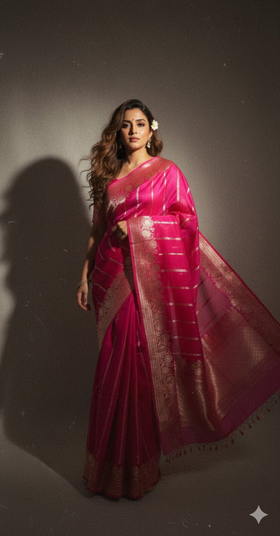 Hot pink pure organza silk saree with stitched blouse