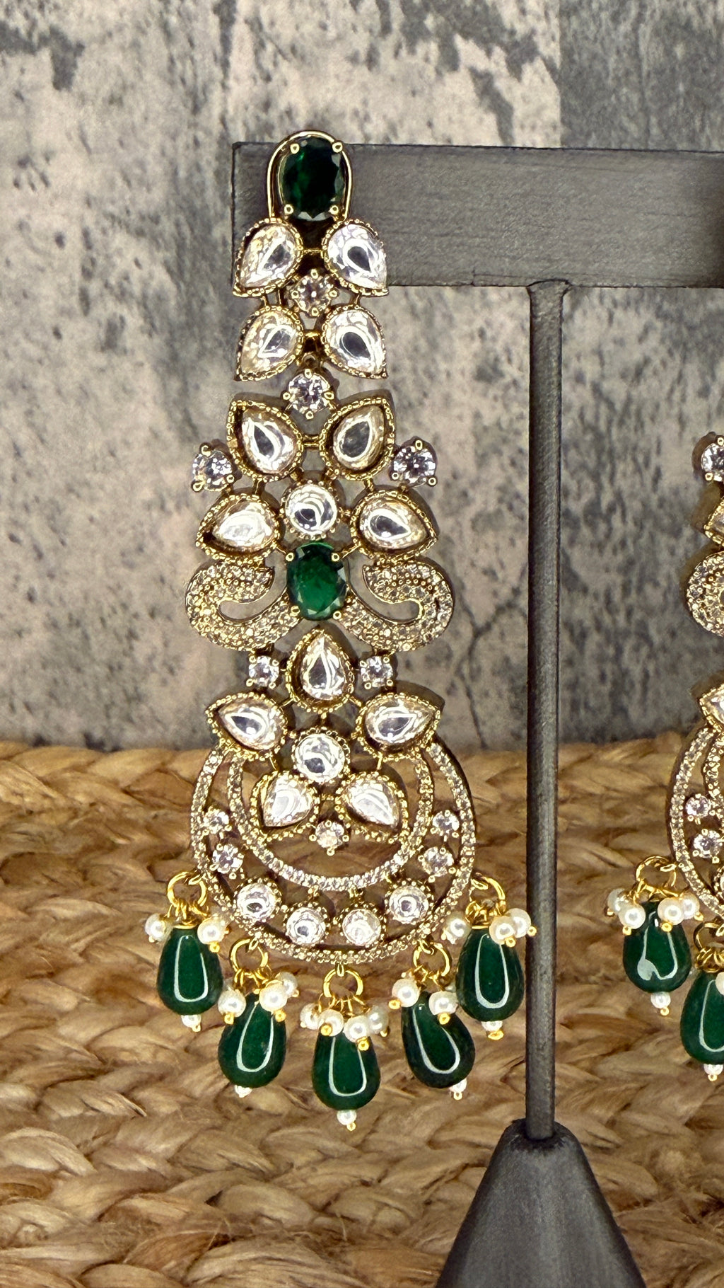 Designer replica earring with green and moissanite stone