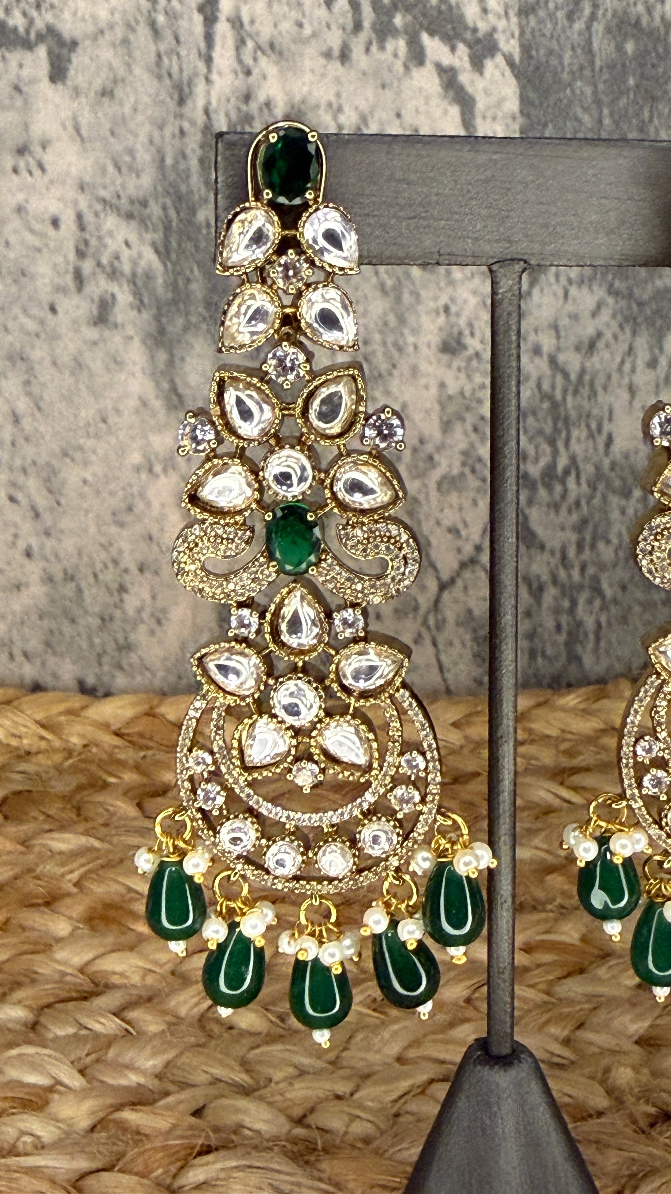 Designer replica earring with green and moissanite stone