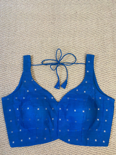 Peacock blue sleevelss blouse with sequins weave