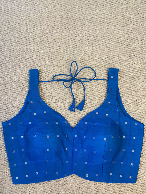 Peacock blue sleevelss blouse with sequins weave