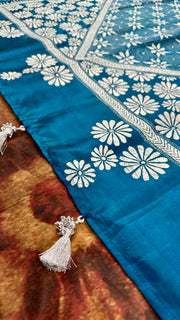 Peacock blue pure bangalore silk saree with kantha work , stitched blouse