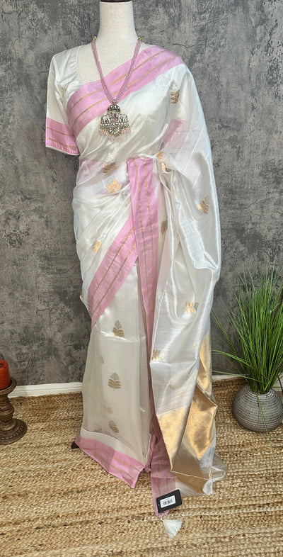 White chanderi pure silk saree with pink border, stitched blouse