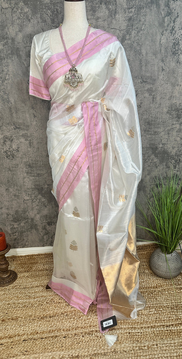 White chanderi pure silk saree with pink border, stitched blouse