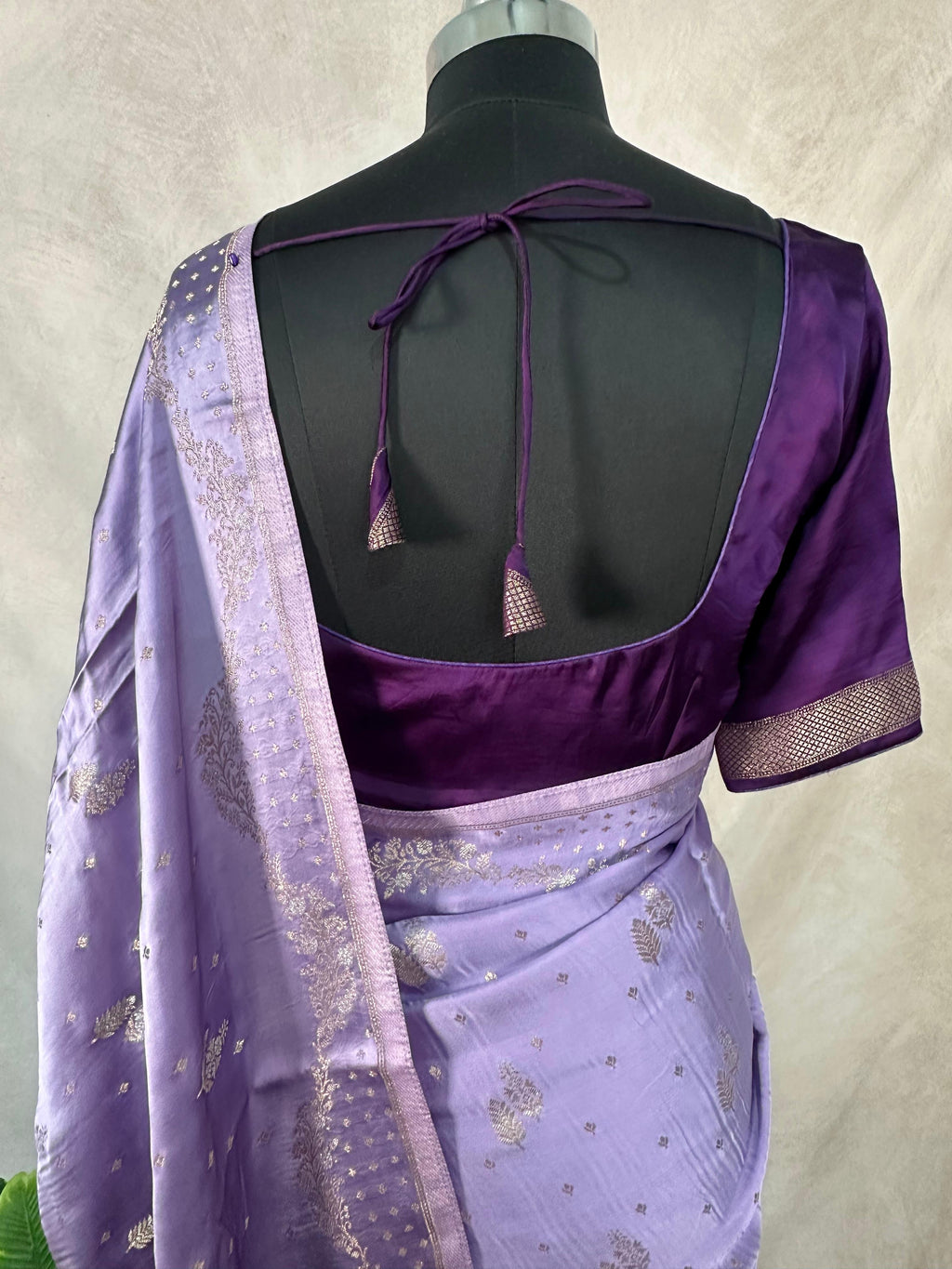 Lilac and purple combo satin silk saree with stitched blouse