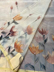 Hand painted off white  organza saree