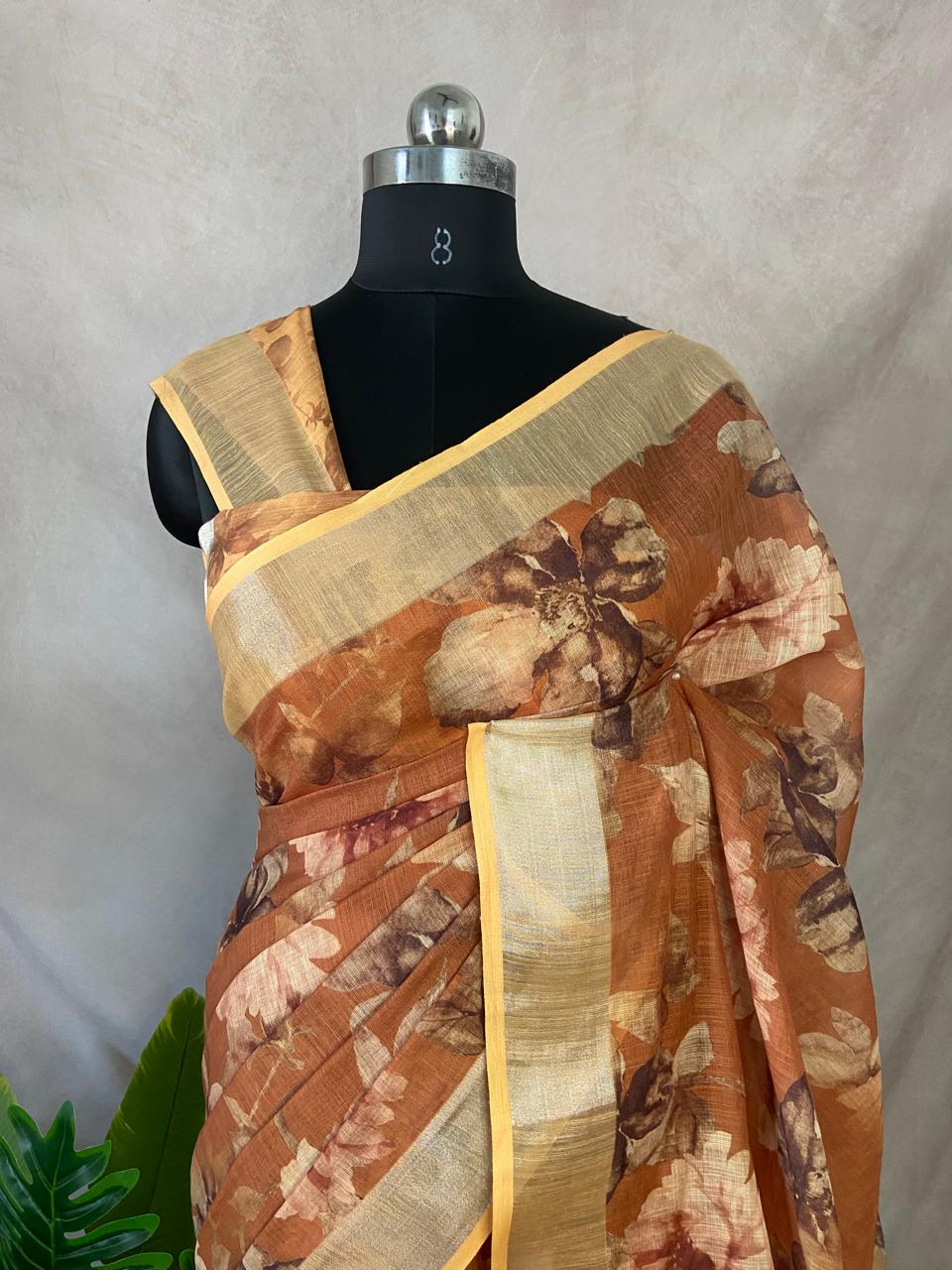 Fancy linen digital printed saree with BP