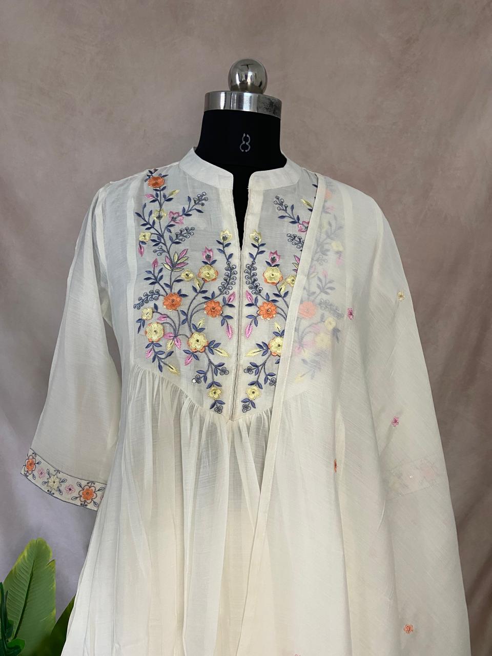 Off white chanderi silk Kurti with bottom and dupatta