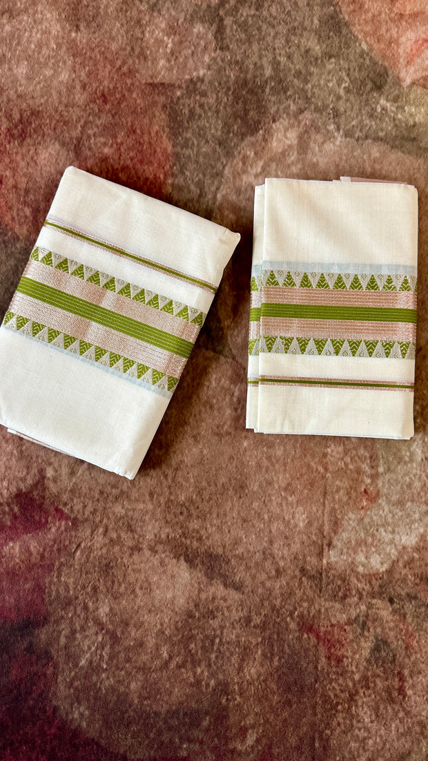 Olive green and rose gold zari weave set mundu