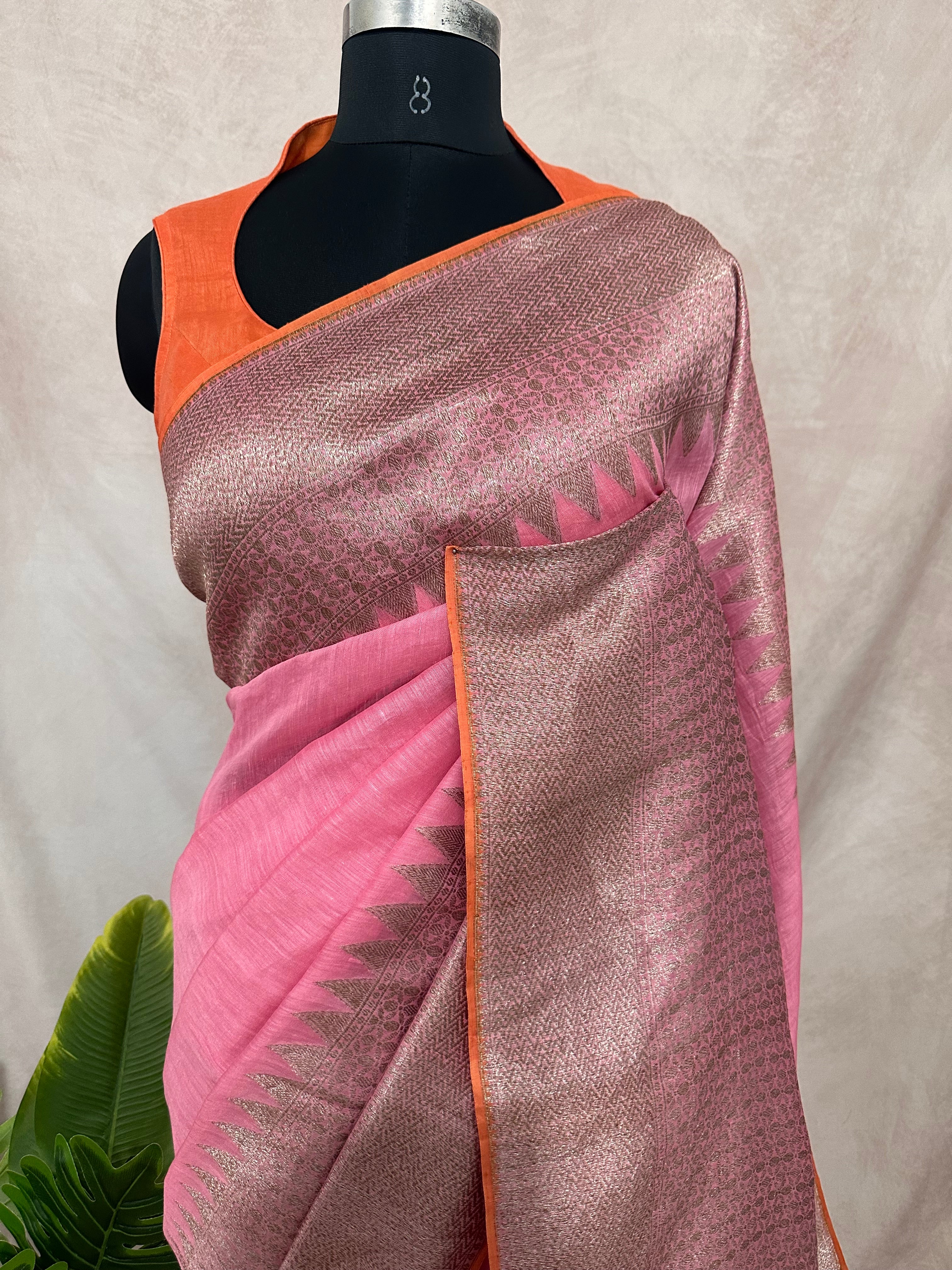 Linen banarsi saree with stitched blouse