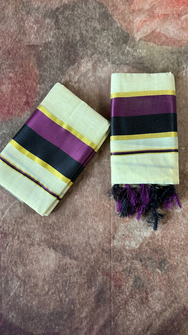 Tissue Set mundu with purple and black border