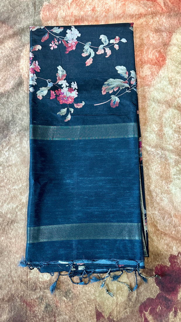 Black floral printed semi tussar silk saree with stitched blouse
