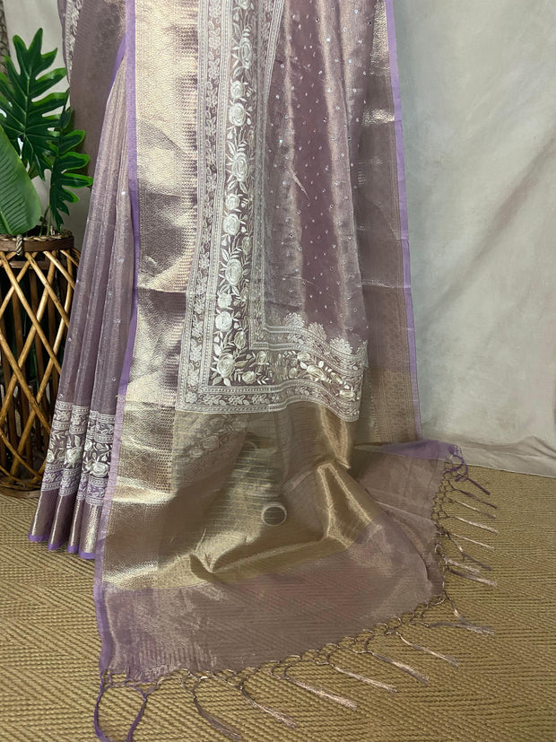 Lilac Tissue Kotta silk saree with mirror and chikankari work, with stitched blouse