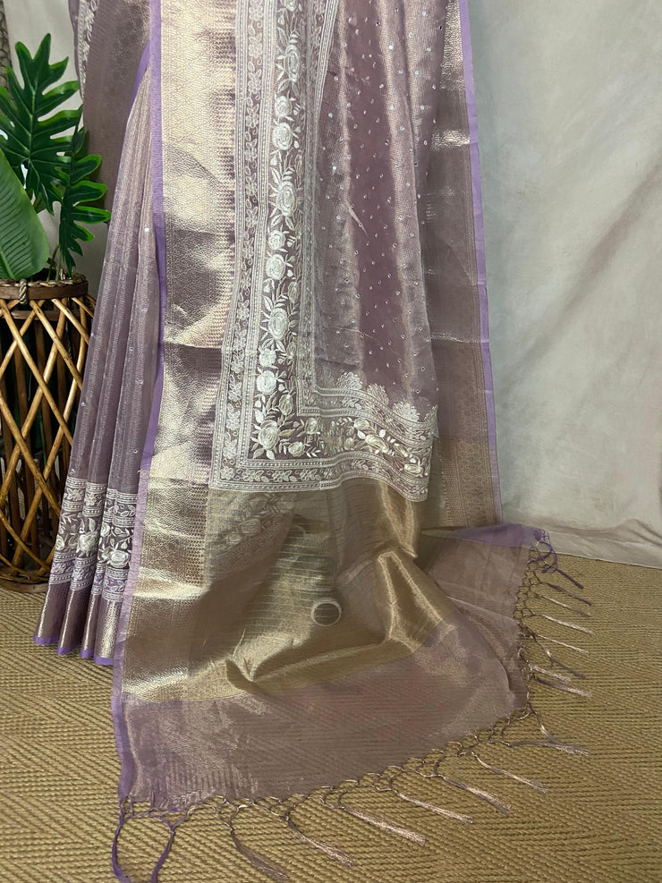 Lilac Tissue Kotta silk saree with mirror and chikankari work, with stitched blouse