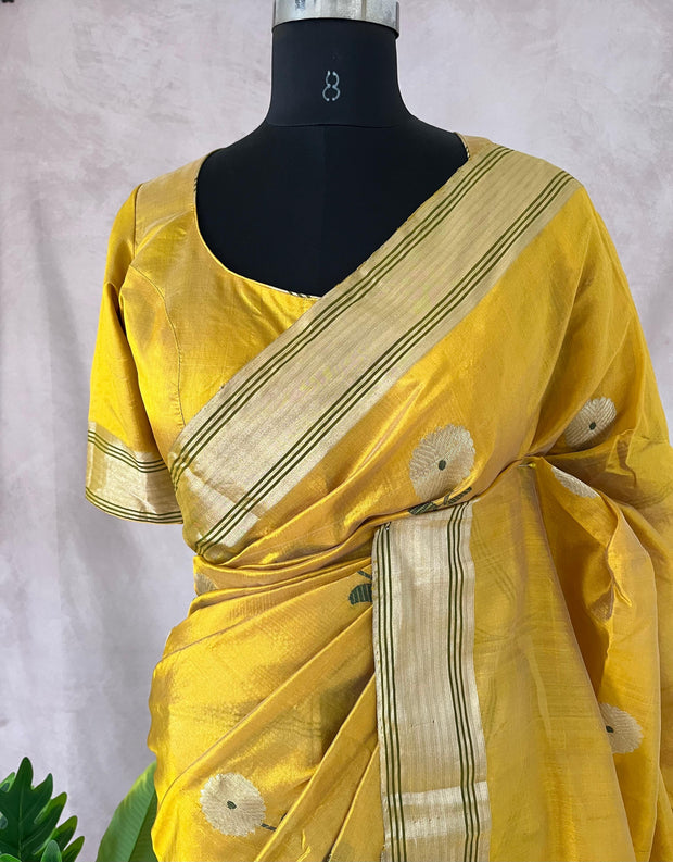 Yellow pure chanderi katan silk handwoven saree with stitched blouse