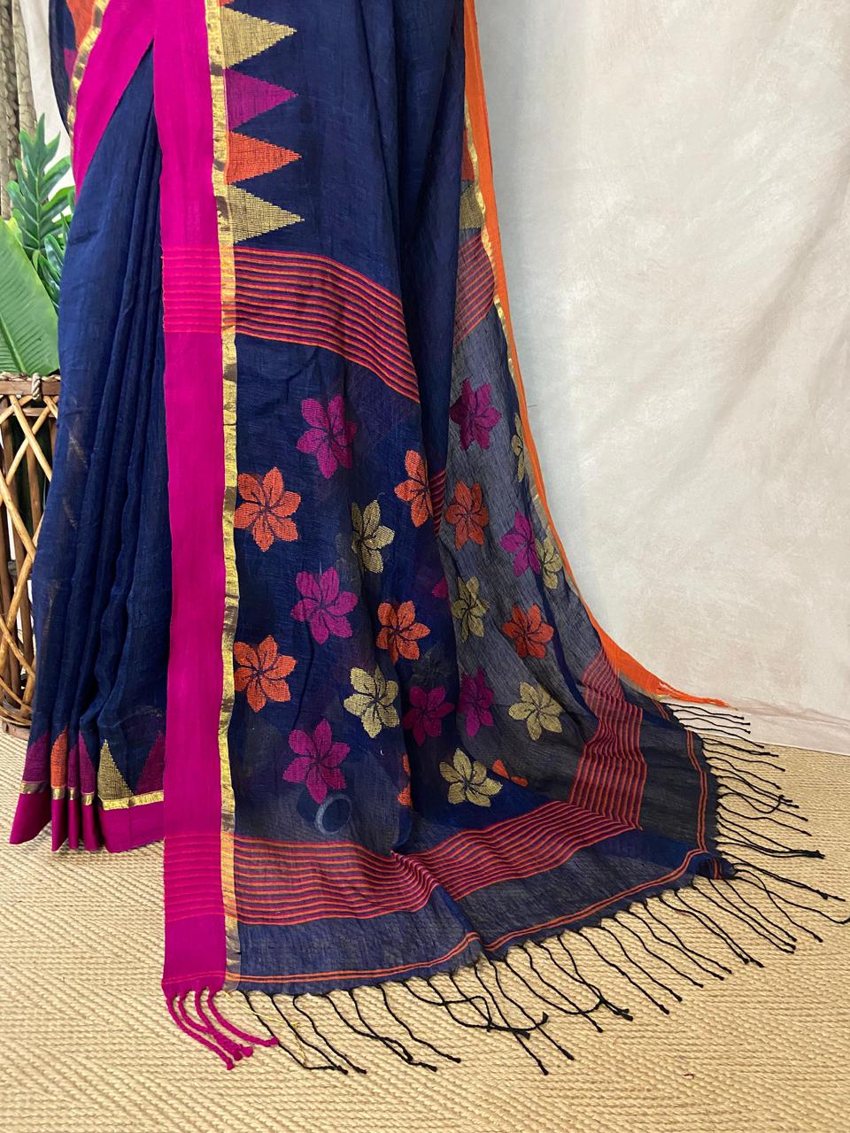 Linen temple border jamdani with stitched blouse