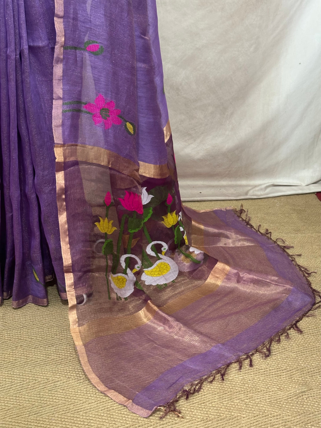 Pure silk linen saree with jamdani weave and stitched blouse
