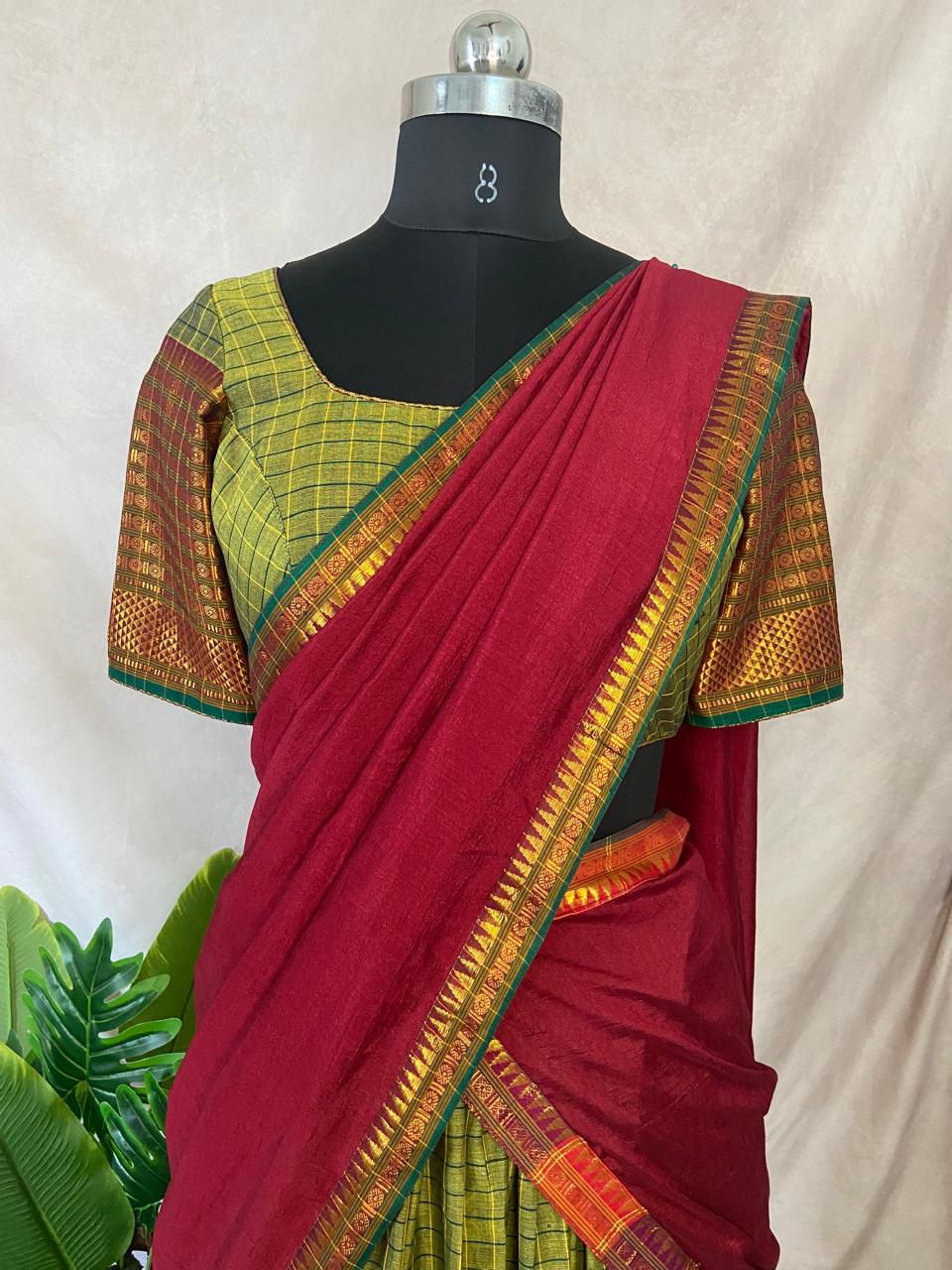Light green narayenpettu cotton silk dhavani