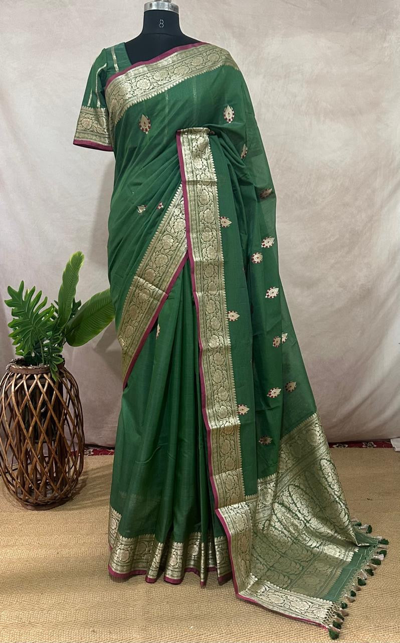 Banarsi cotton silk handloom saree with stitched blouse