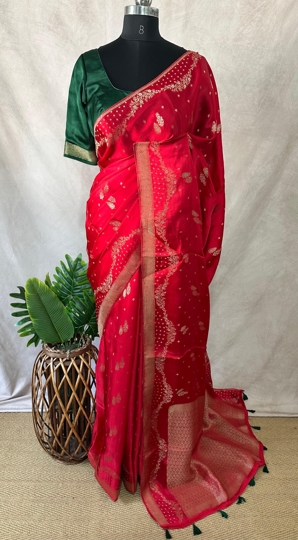 Red and green combo satin silk saree with stitched blouse
