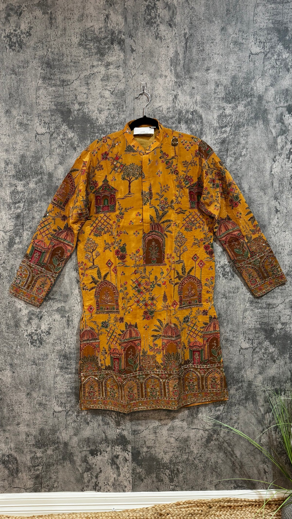 Mustard yellow printed designer kurta with embroidery